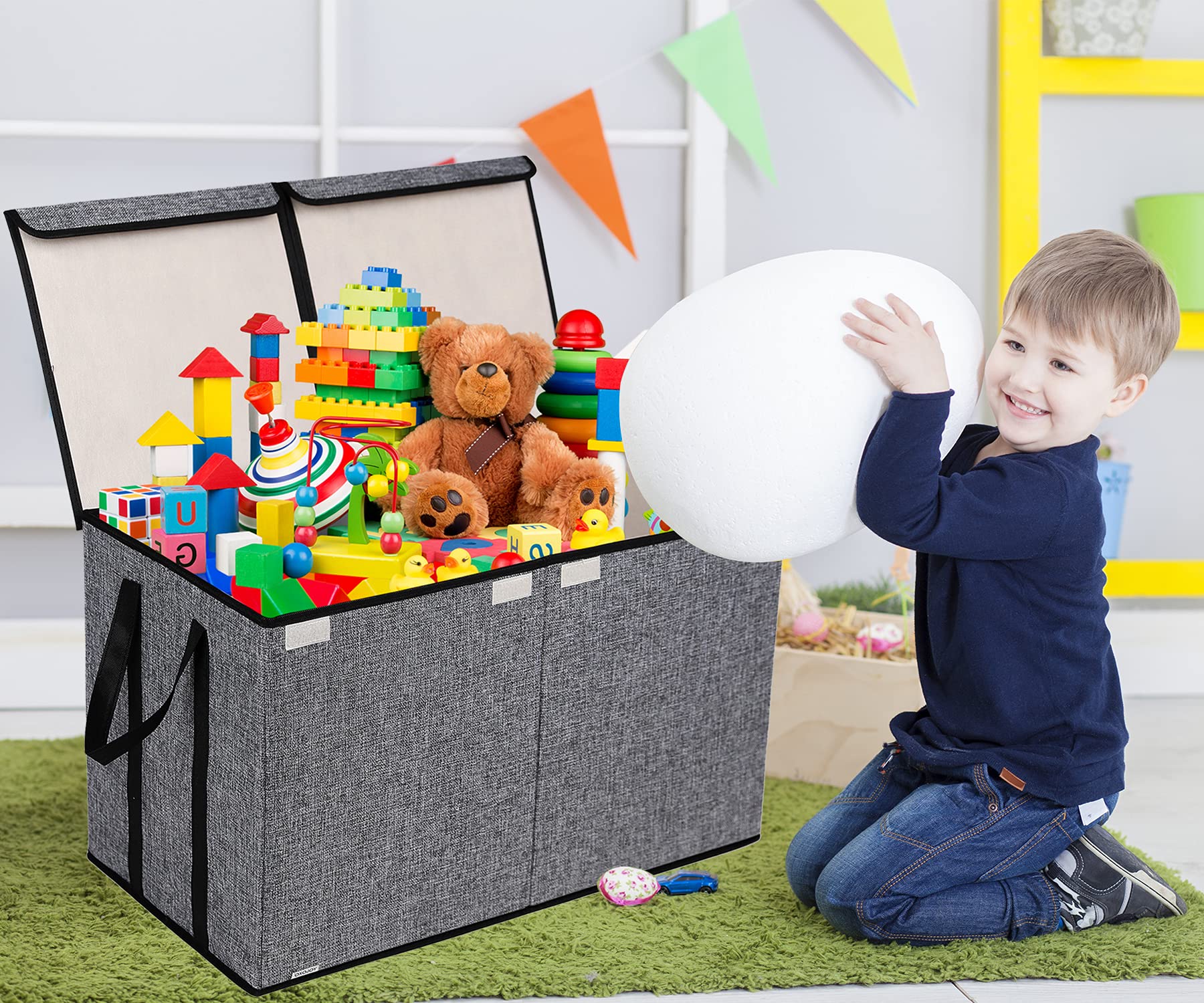 Large Kids Toy Box Chest Storage organizer with Double Flip-Top Lid - Collapsible Sturdy Toy Organizers And Storage Bins