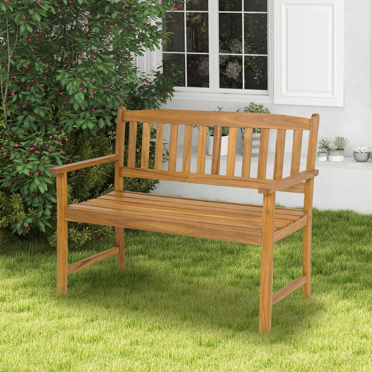 HAPPYGRILL Patio Wood Bench with Ergonomic Backrest & Armrest, 2-Person Outdoor Bench