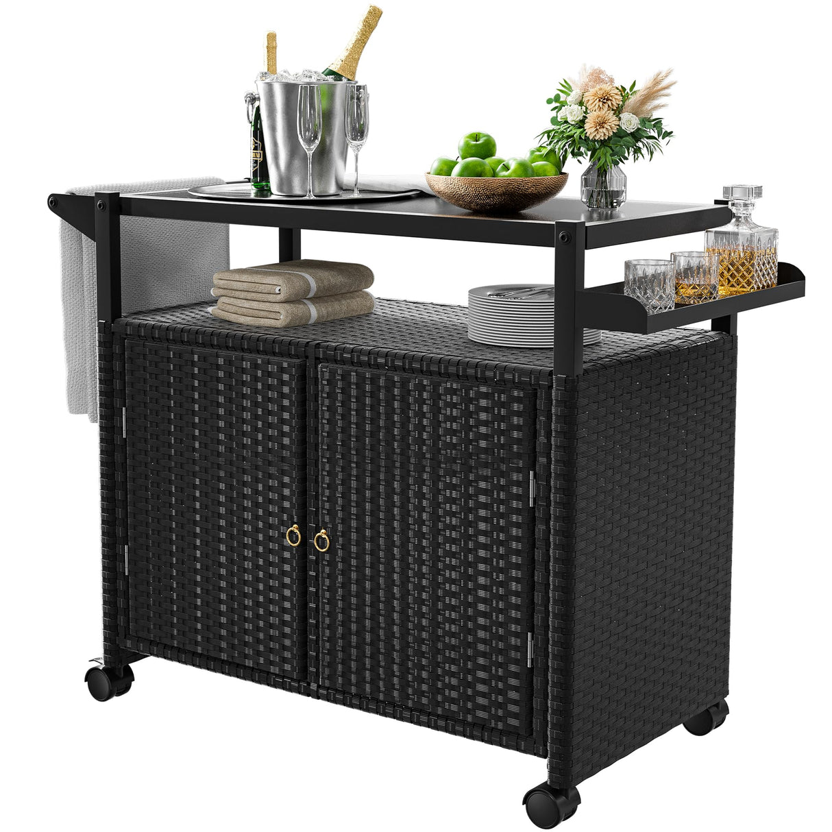 Outdoor Bar Table, Wicker Bar Cart with Cabinet, Patio Serving Cart