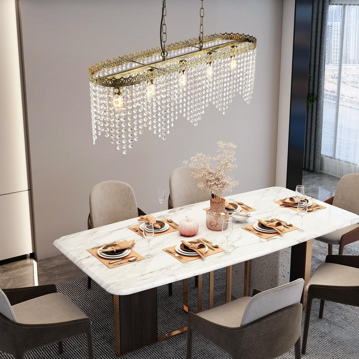 KAIQI 5 Lights Rectangle Oval K9 Crystal Chandelier Antique Bronze Pendant Light Fixture for Dining Room, Living Room, Pool Table Light, Kitchen Island Lighting，L31.5Inchs x W8.66Inchs x H11Inchs