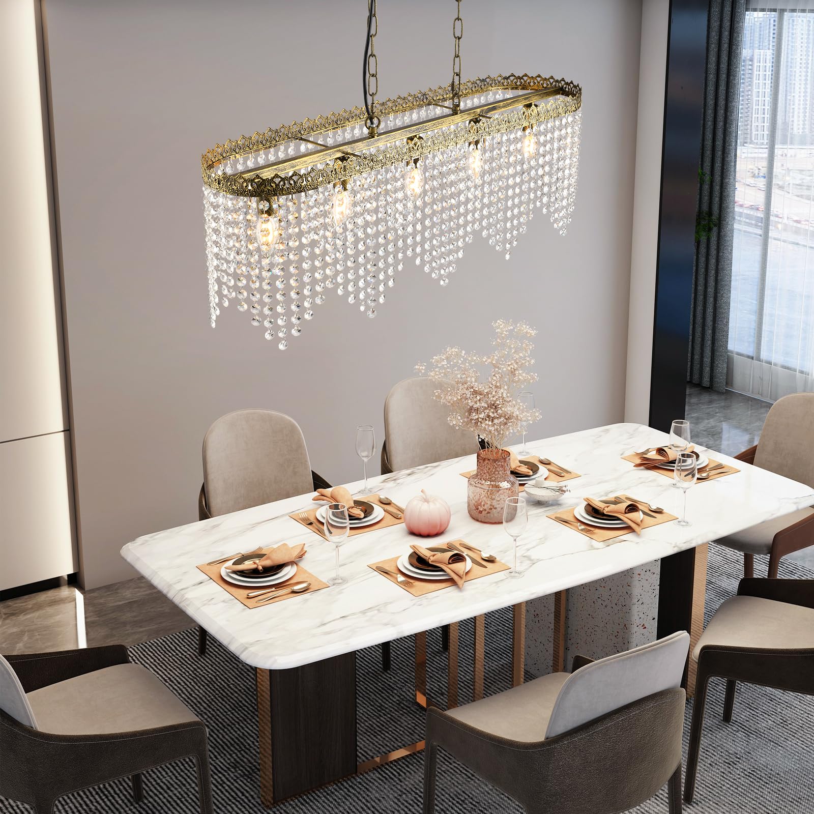 KAIQI 5 Lights Rectangle Oval K9 Crystal Chandelier Antique Bronze Pendant Light Fixture for Dining Room, Living Room, Pool Table Light, Kitchen Island Lighting，L31.5Inchs x W8.66Inchs x H11Inchs