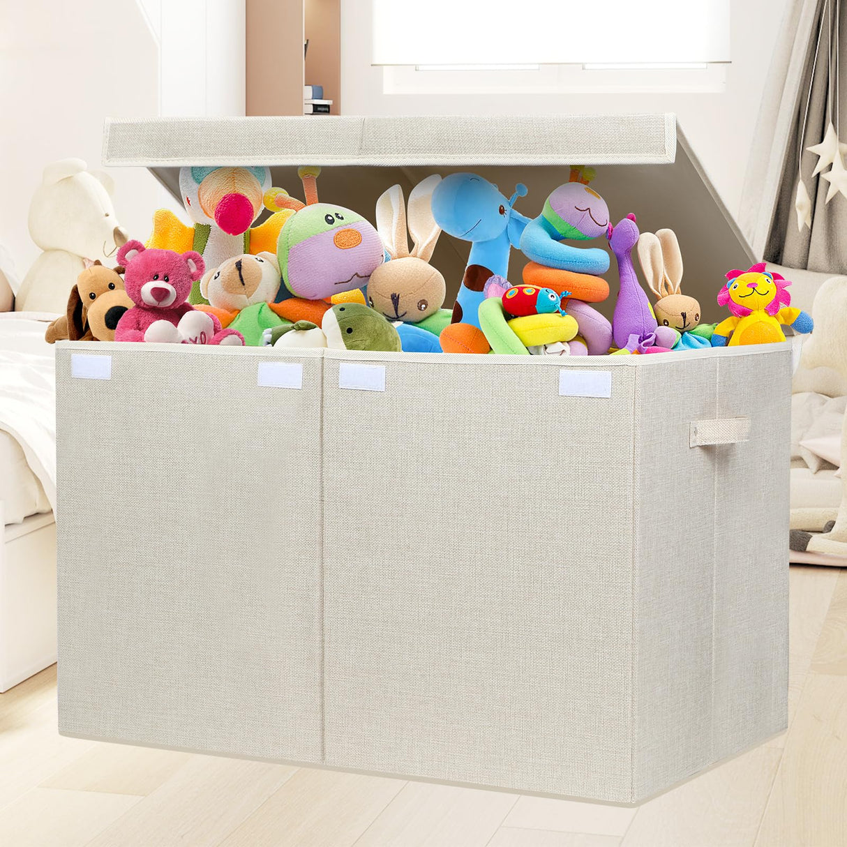 popoly 122L Large Toy Box Chest with Lid, Foldable Toy Storage Organizer Bin Boxes with Removable Divider for Kids, Boys, Girls, Nursery, Playroom, 26"x17" x17" (Linen Beige)