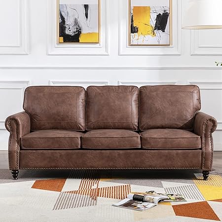 79'' Traditional Faux Leather Sofa Couch with Nailhead Trim, Classic 3-Seater Couch