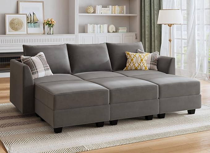 Modular Sectional Sofa with Ottoman Oversized U Shaped Couch with Reversible Chaise Velvet Sleeper Modular Sofa Convertible Sectional Couch for Living Room, Grey