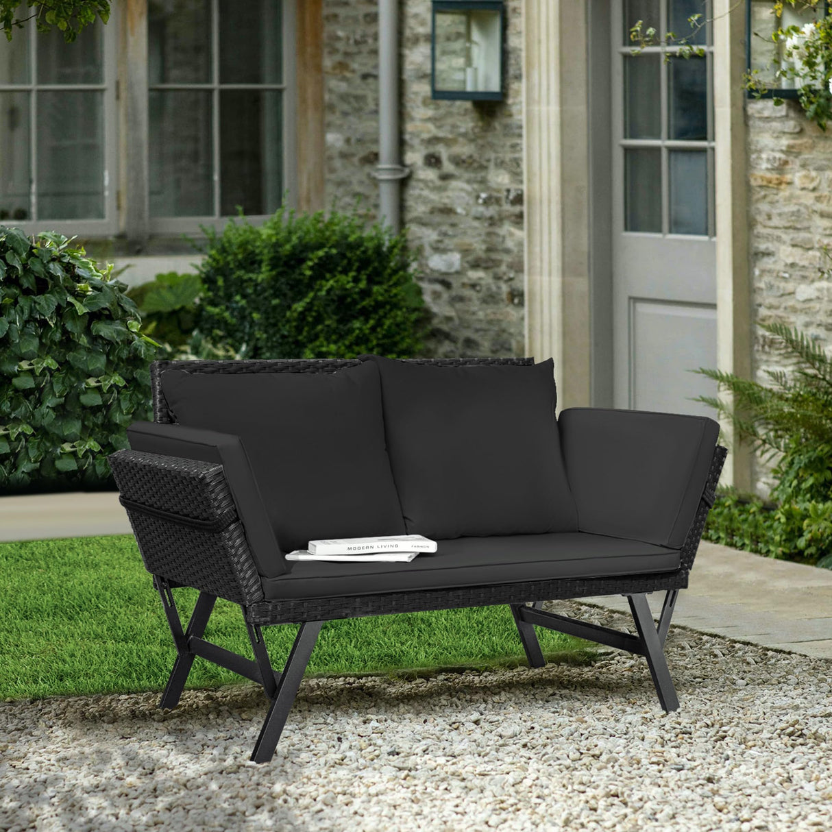 Outdoor Sofa, Woven Rattan Patio Furniture, Convertible Daybed or Double Chair