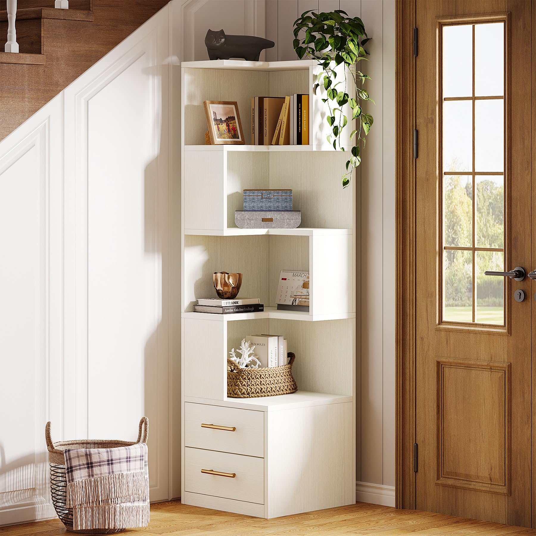 5-Tier Corner Bookshelf with 2 Drawers, 66.9-Inch Tall Corner Bookcase Shelf