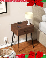 Mid Century End Table with Charging Station, Modern One Drawer Nightstand Side Table