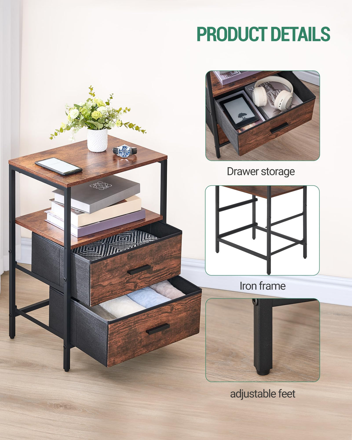 End Table, Nightstands with 2 Fabric Storage Drawers and Shelves, Side Table