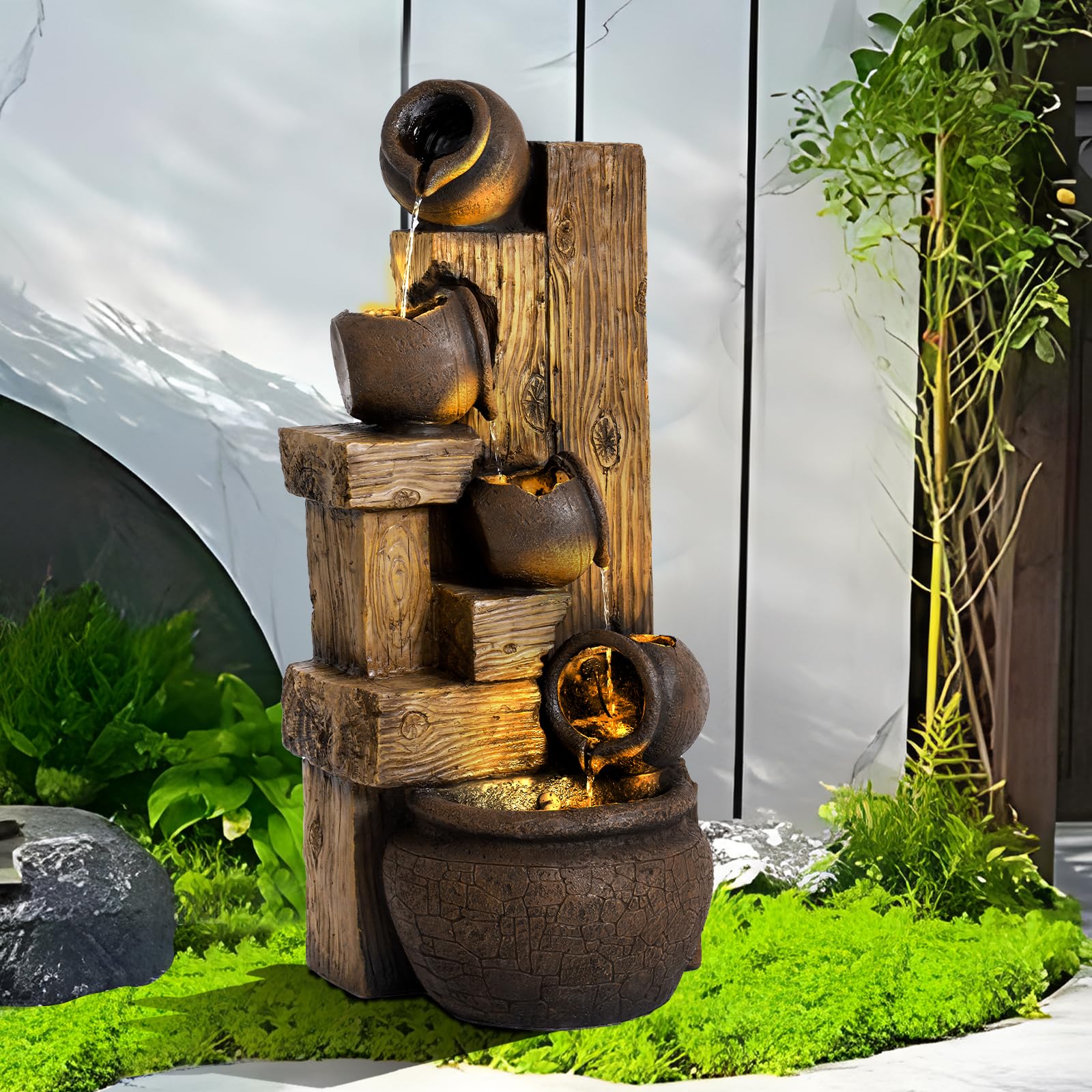 39.3" Outdoor Water Fountain with LED Lights 5 Tiers Modern Cascading Large Outdoor Fountain