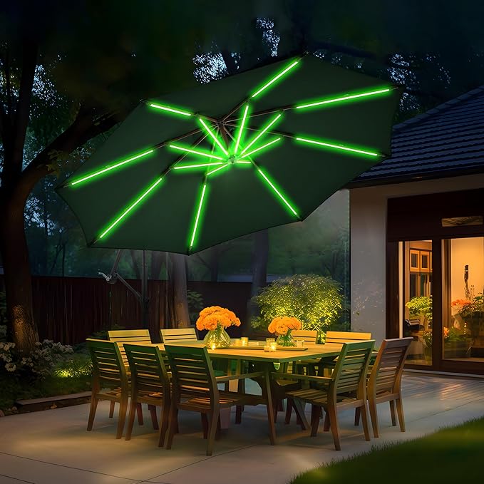 10 ft Offset Patio Umbrella with Stands Included, Large Cantilever Umbrella Outdoor Patio with Solar Lights, Dual Charging, 8+ Light Modes, Heavy Duty, for Pool, Deck, Market, Tan
