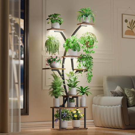 64.8" Tall Plant Stand Indoor with Grow Lights, 7 Tiered Metal Corner Plant Shelf