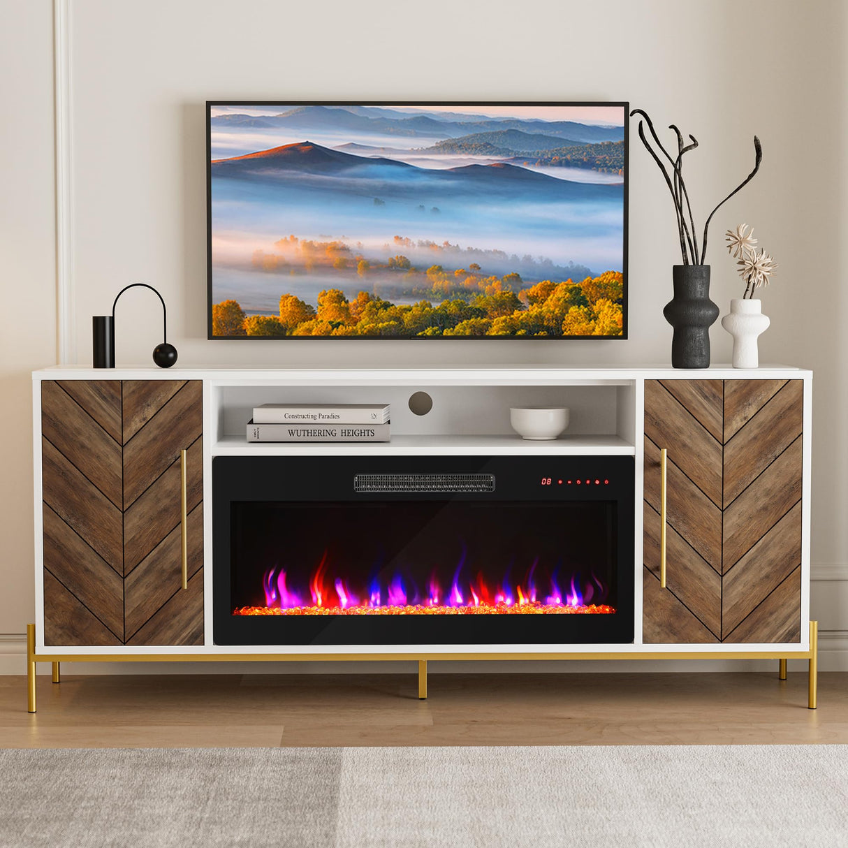 68" Wood TV Stand with 36" Electric Fireplace - White Ebony