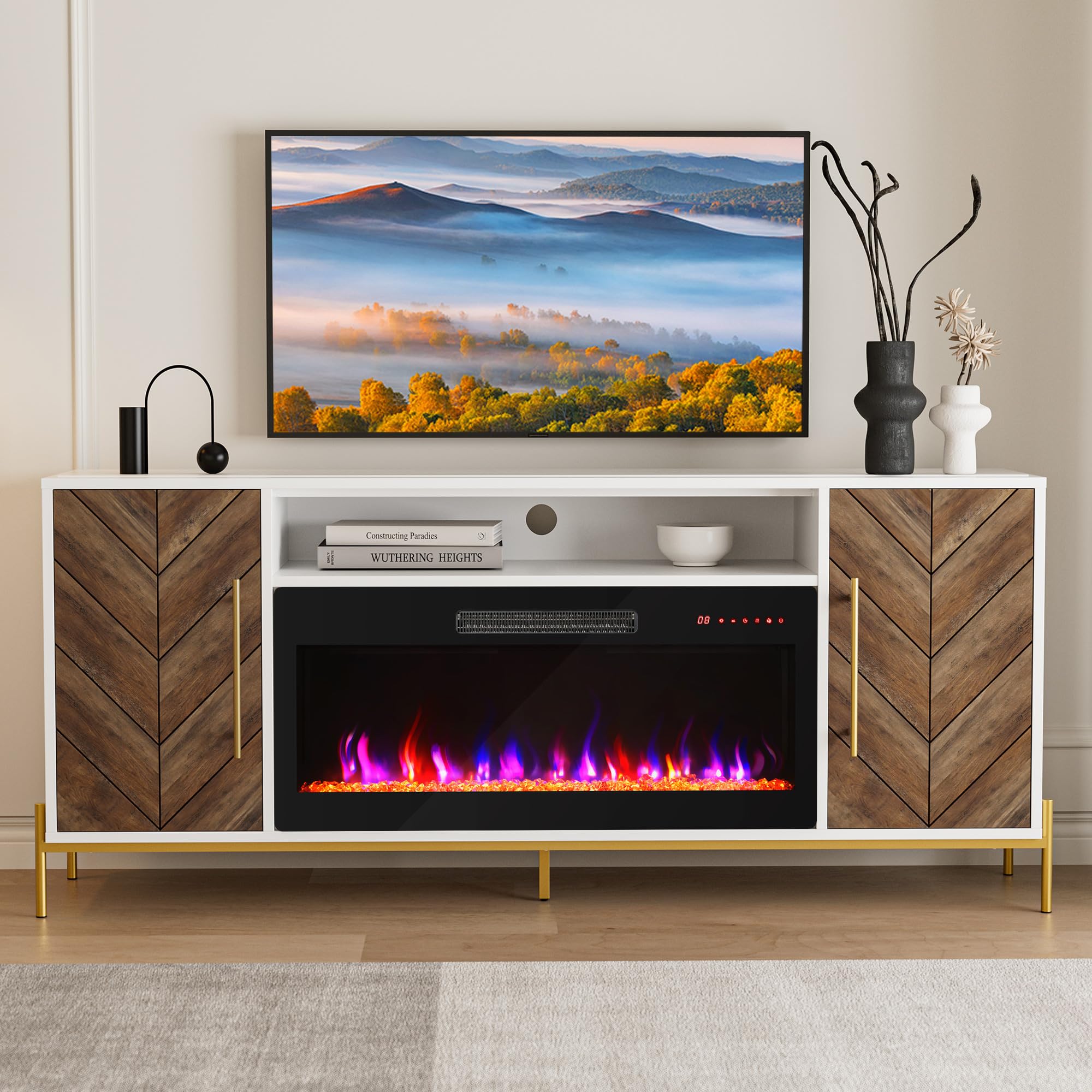 68" Wood TV Stand with 36" Electric Fireplace - White Ebony