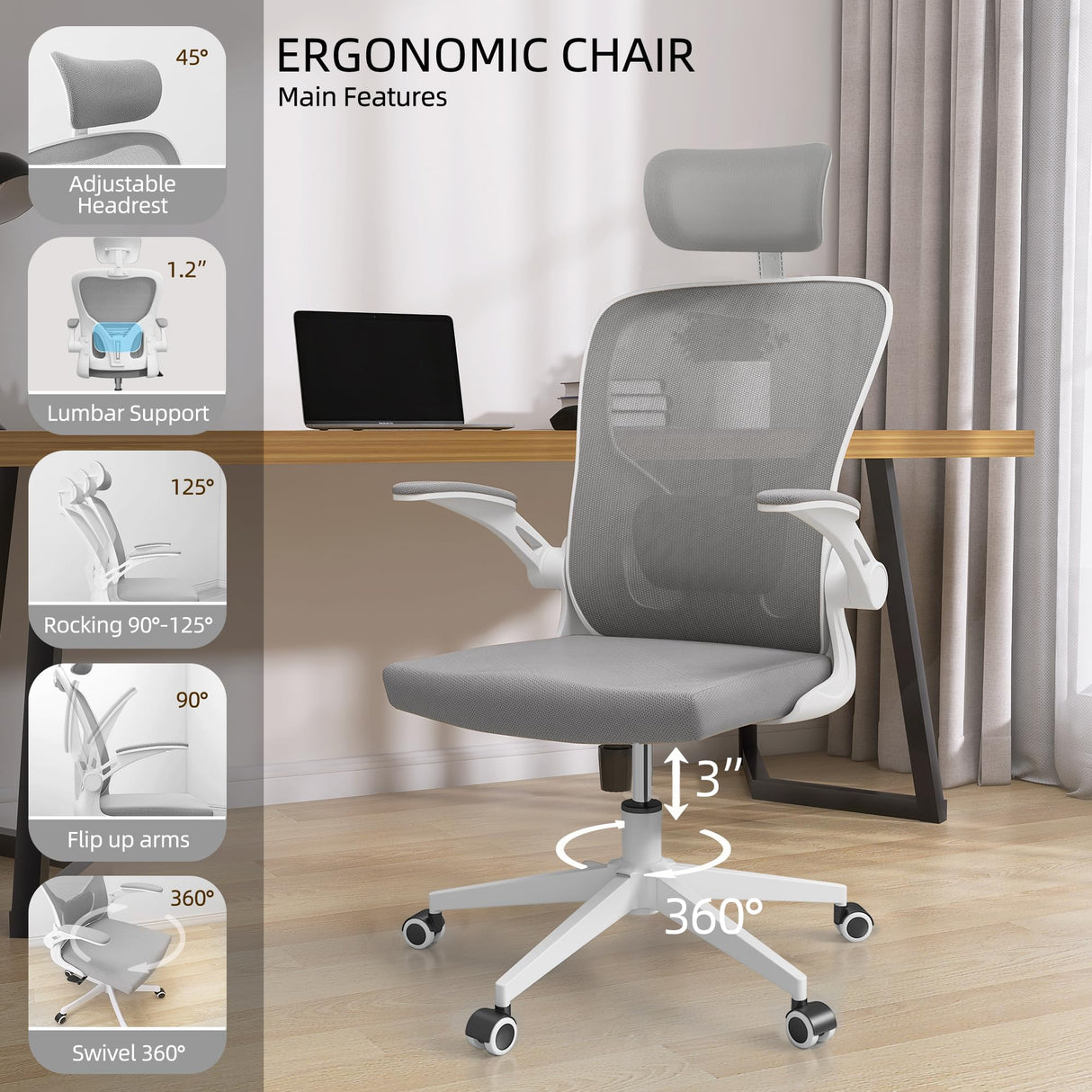 Office Chairs, Ergonomic Office Chair, Computer Chair with Adjustable Headrest,