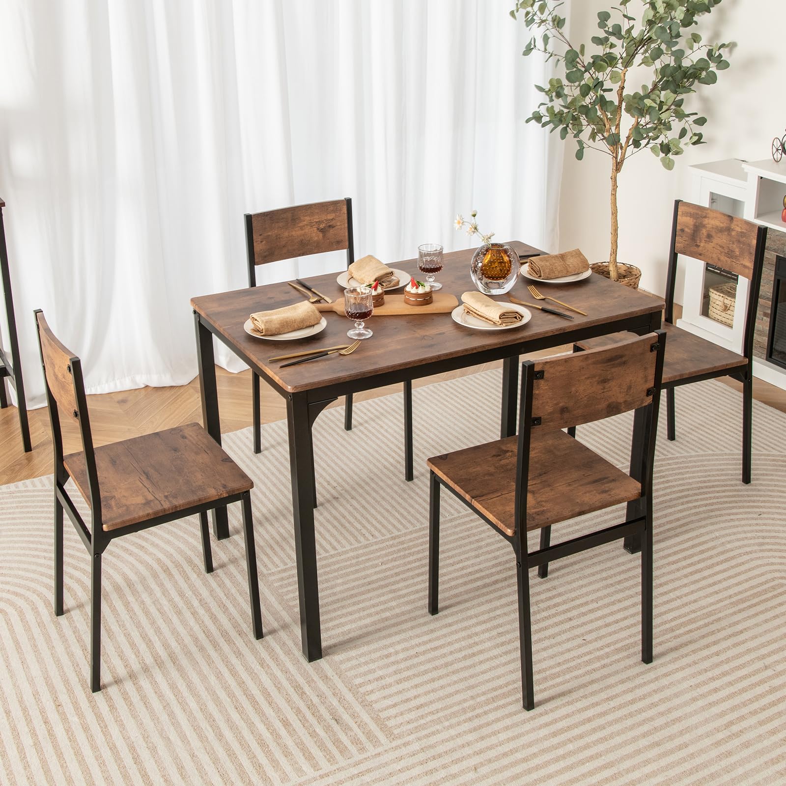 5-Piece Industrial Dining Set - Rustic Brown