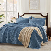 Luxury Velvet Queen Quilt Set, Ultra Soft Lightweight Quilted Velvet Comforter, Diamond