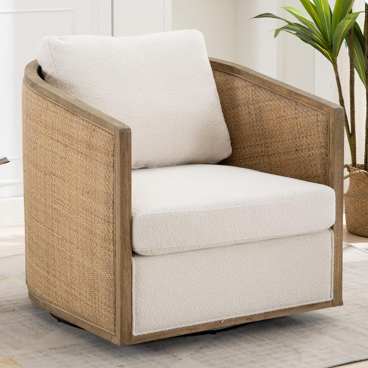 Swivel Accent Chair,Upholstered Armchair with Cushion Back,Rattan Frame,Boucle Accent Chair for Living Room,Bedroom,Office,Waiting Room (Beige)