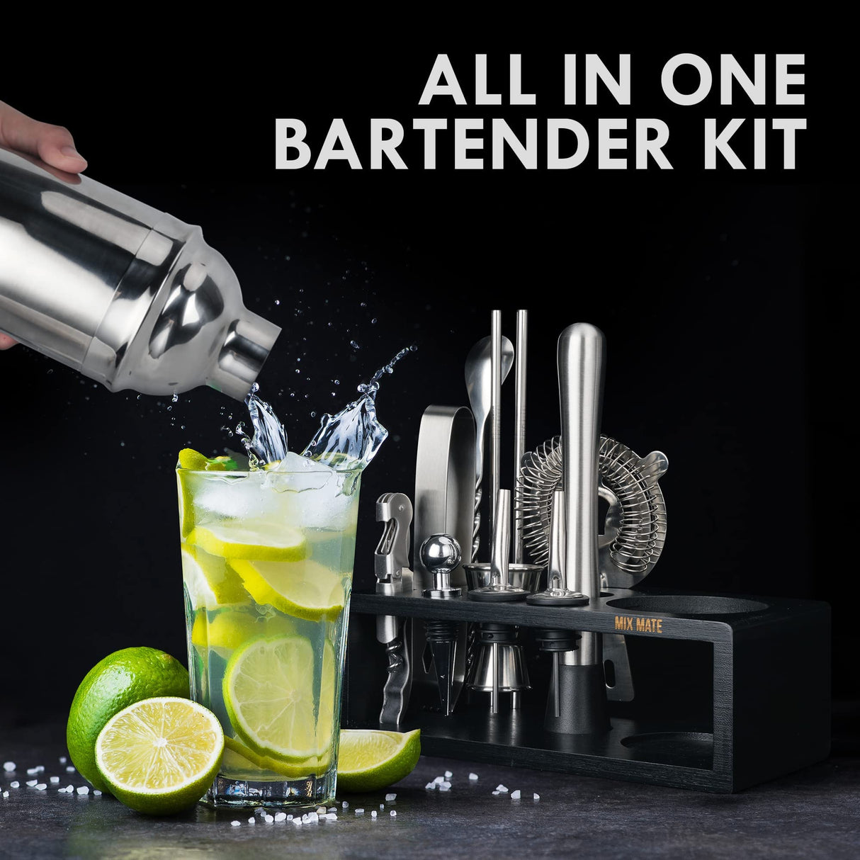 Bartender Kit with Stand - 15 Piece Bar Tool Set, Silver Bar Set Cocktail Shaker Set