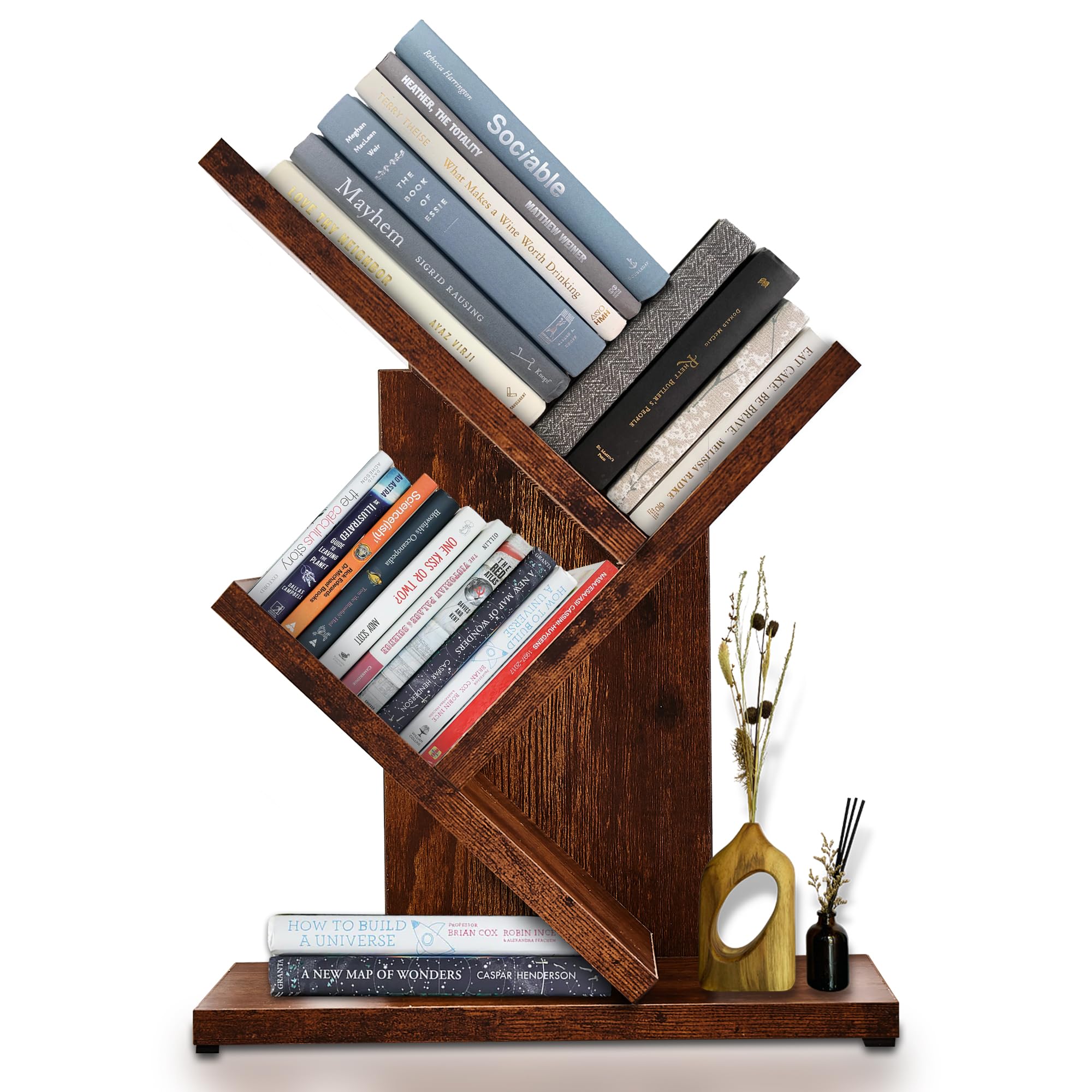 3-Tier Small Tree Bookshelf - Narrow Wooden Floor Standing Bookcase for Small Spaces - Modern Book Shelf Organizer for Bedroom, Living Room, Home Office, Corner, Thin Rustic Brown Bookshelves