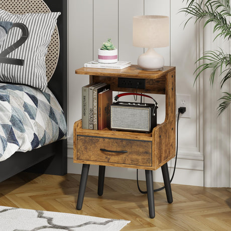 Night Stand with Charging Station, Cute Bedside Table with Led Lights and Fabric Drawer