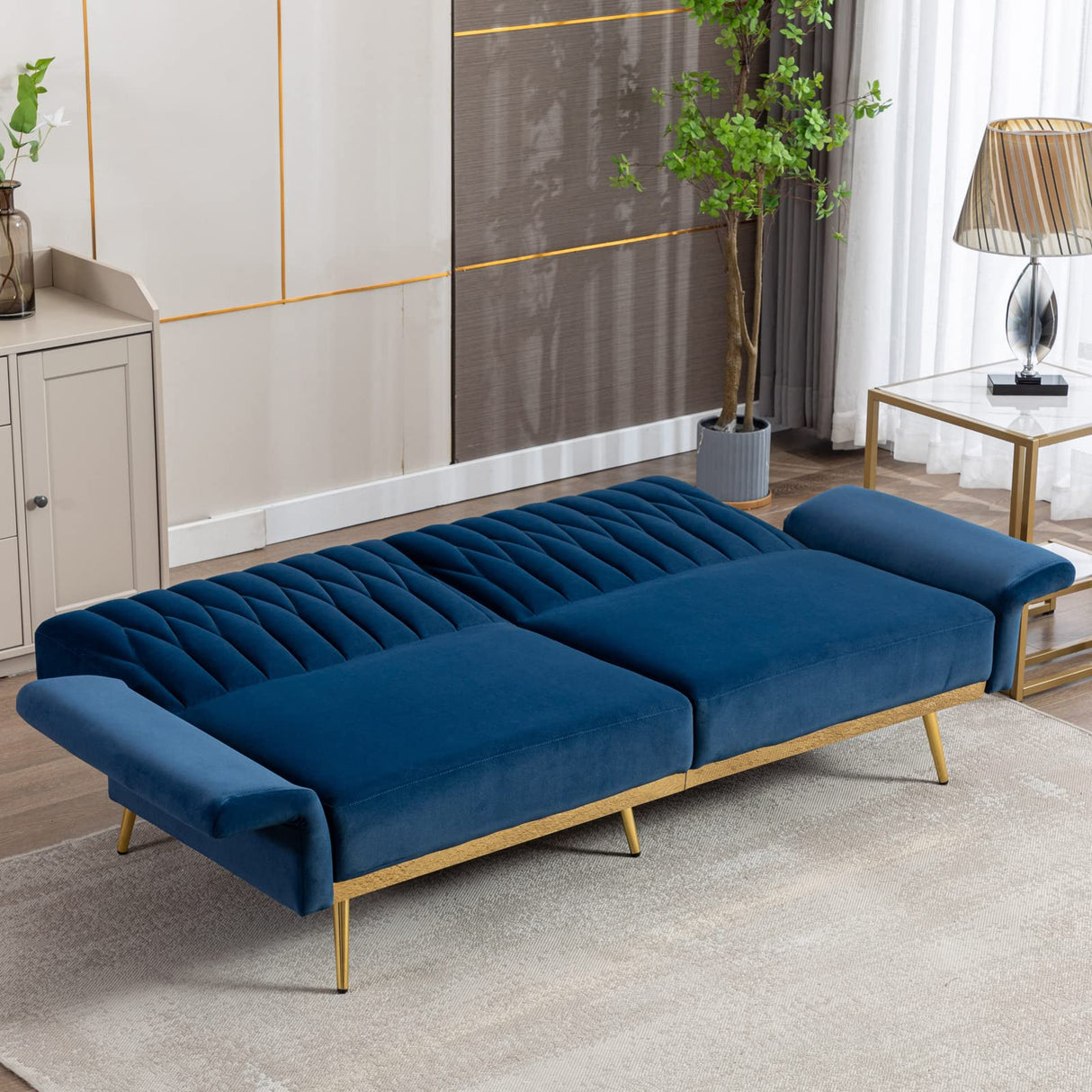 70" Blue Velvet Convertible Futon Sofa Bed, Mid Century Modern Decor, Tufted Loveseat