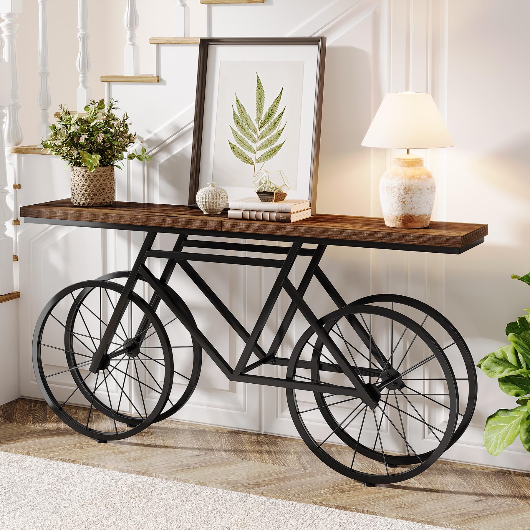 70.9-Inch Extra Long Console Table, Narrow Sofa Table with Bicycle Metal Base,