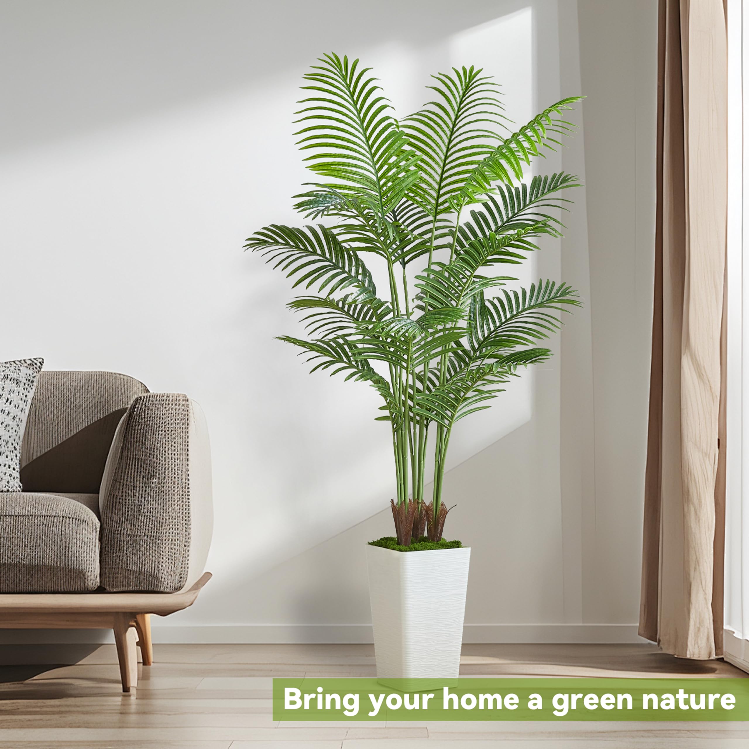 Artificial Palm Tree Artificial Silk Plant Fake Tree with White Tall Planter Faux Tropical Areca Floor Plant in Pot (1, White Tall Planter, 5 FT)