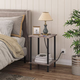 Side Table with Charging Station, End Table with USB Ports and Outlet, Nightstand with 2-Layer Storage Shelves for Small Spaces, Living Room, Bedroom, Stable Frame, Greige and Black BG09UBZ01