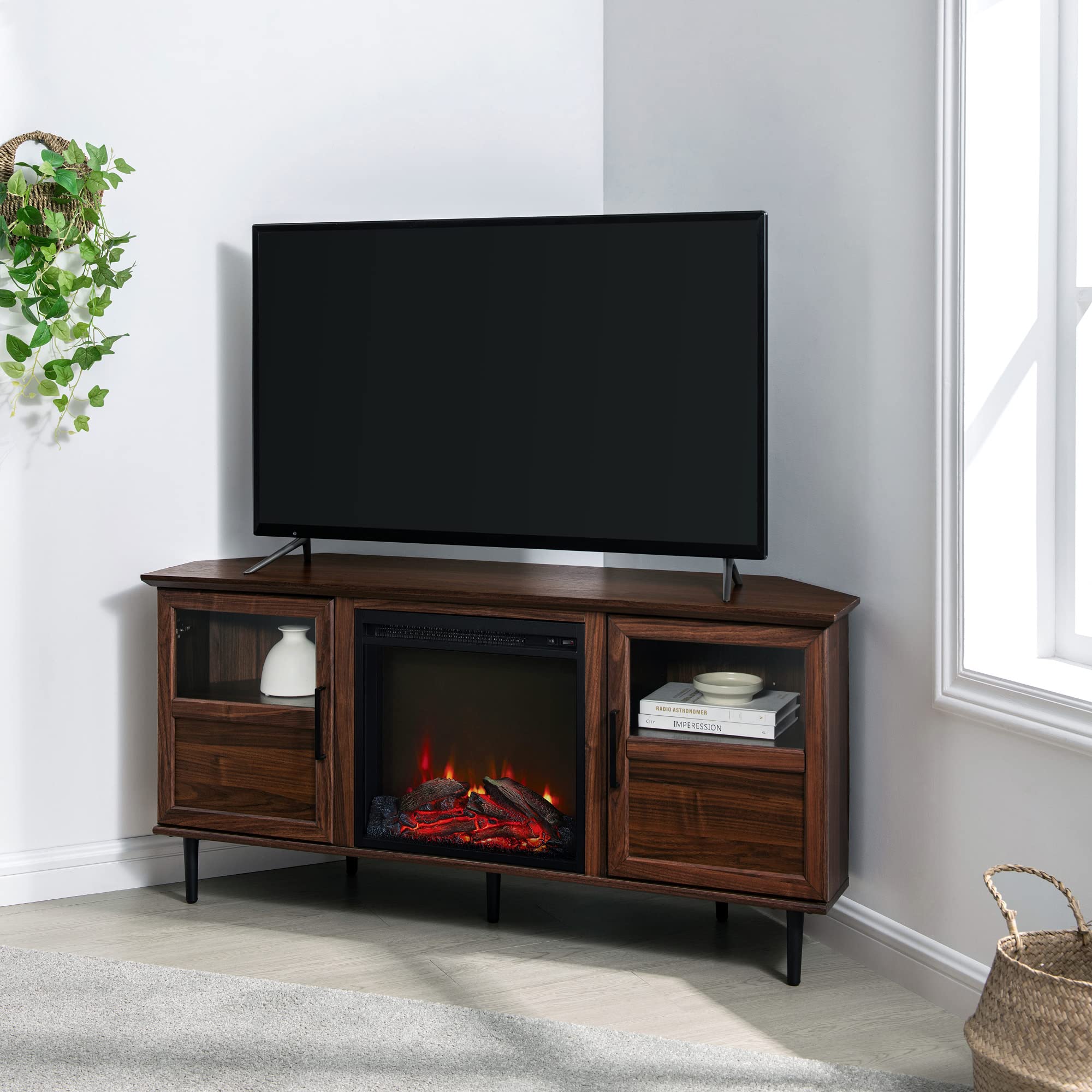 Bryson Modern Rustic Glass-Door Fireplace Stand for TVs up to 60 Inches