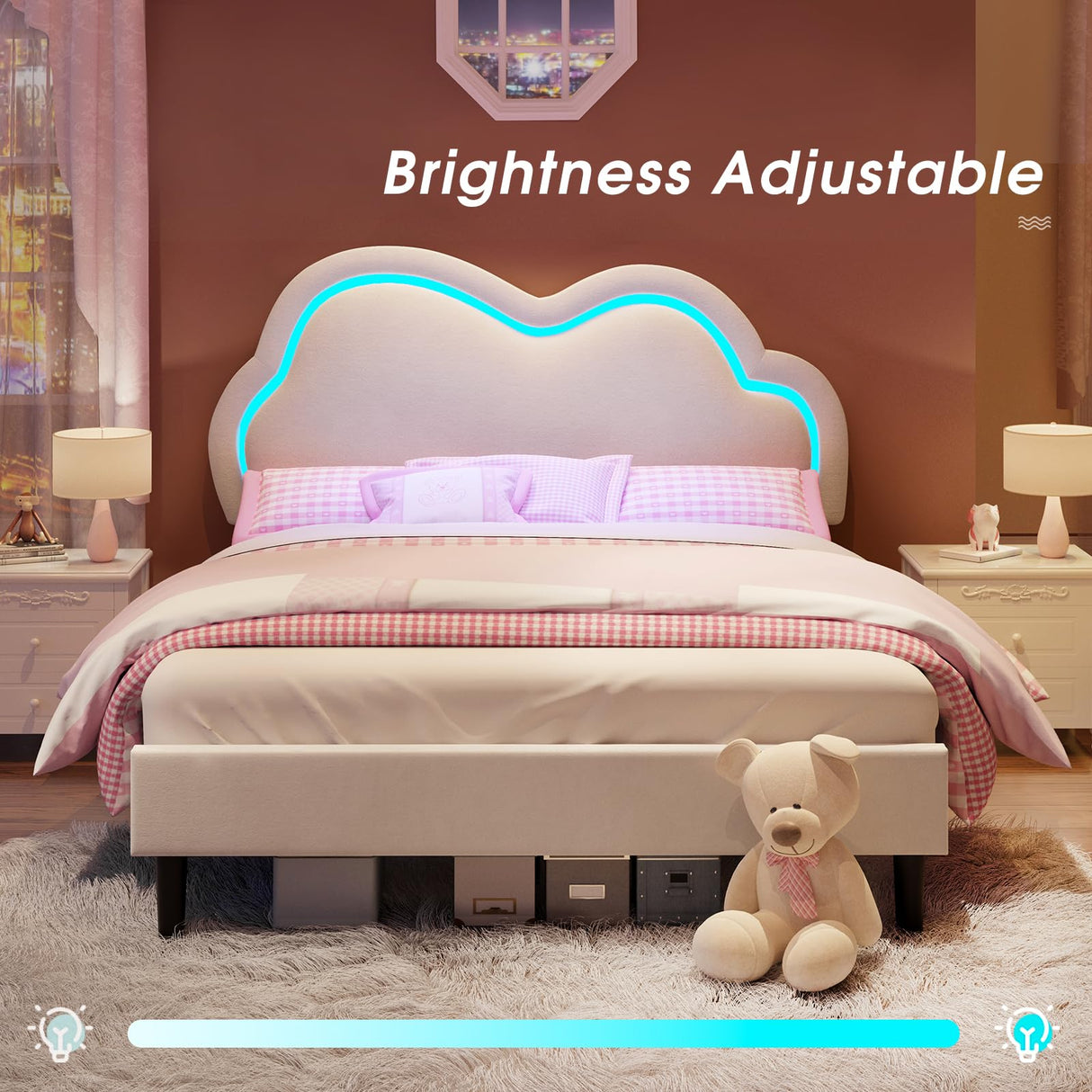 LED Bed Frame Full Size Velvet Upholstered Platform Bed with Adjustable Cloud Headboard,