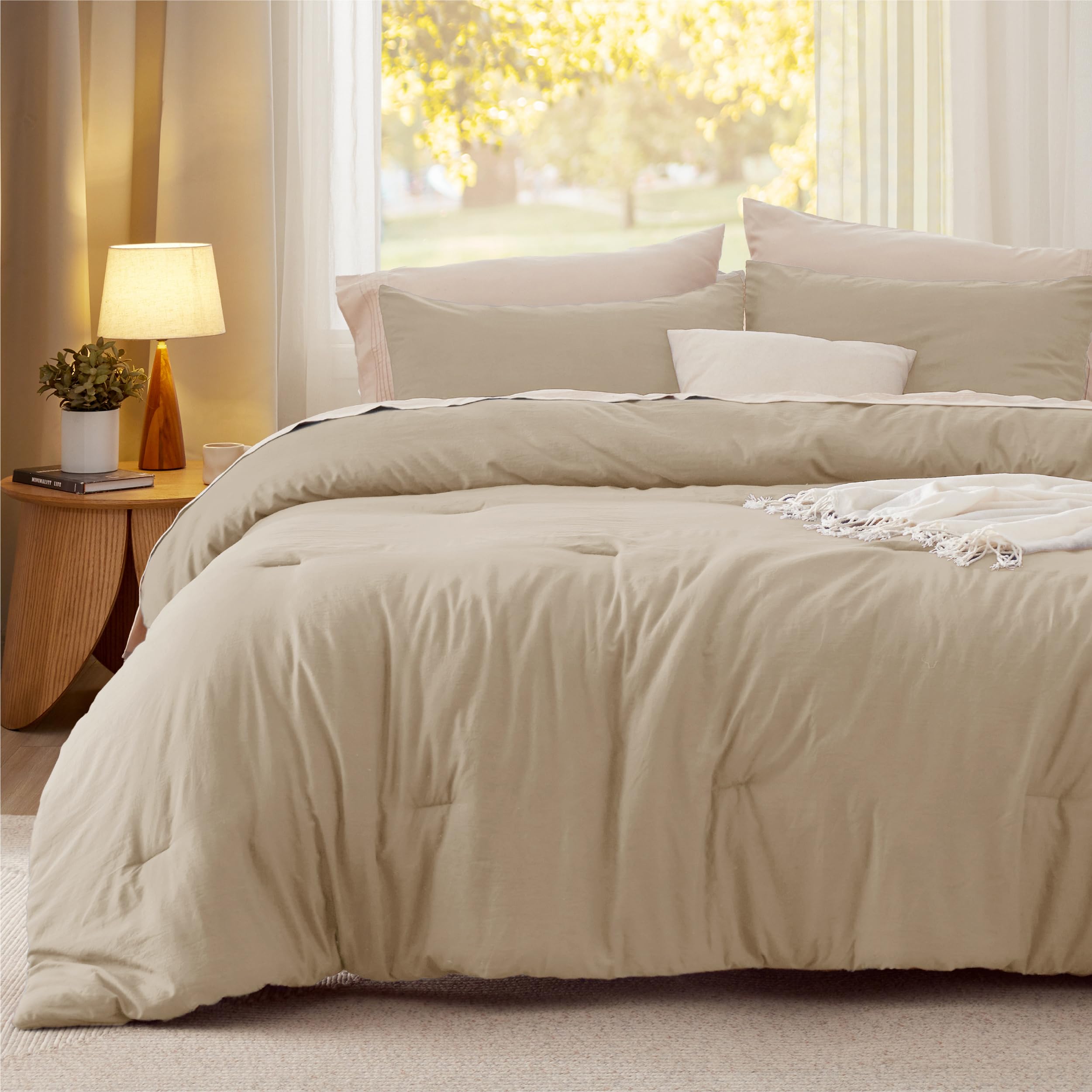 Queen Size Comforter Set - Khaki Prewashed Bedding 3-Piece