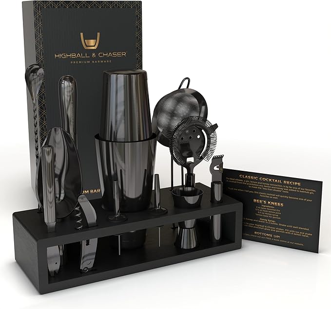 Bartender Kit with Black Bamboo Stand Beautiful Cocktail Shaker Set and Bar Tools