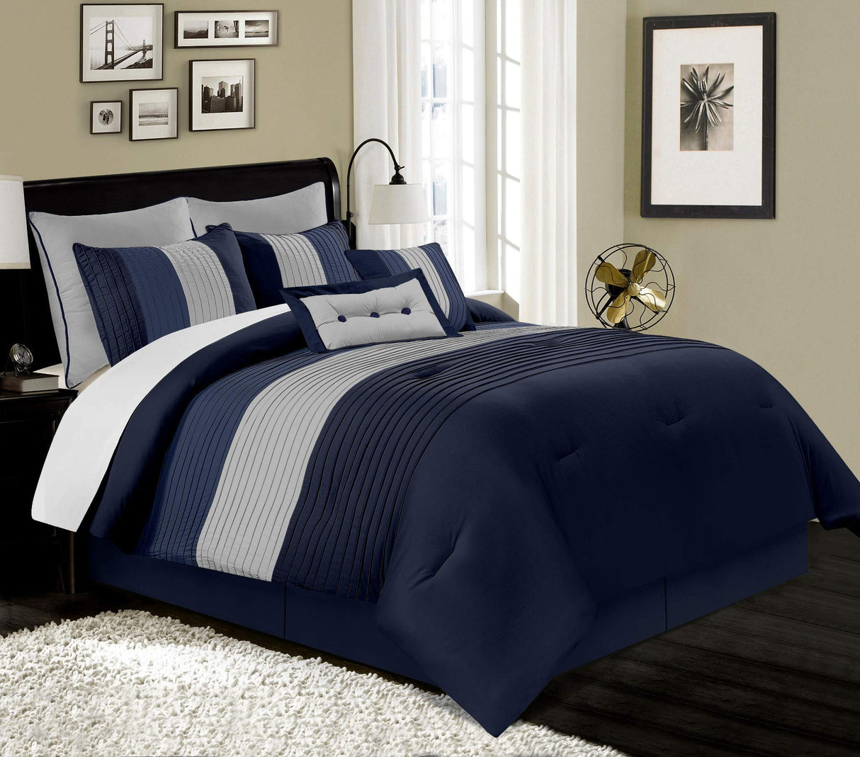 Loft 8-Piece Luxury Striped Comforter Set (King, Navy/Gray/Blue)