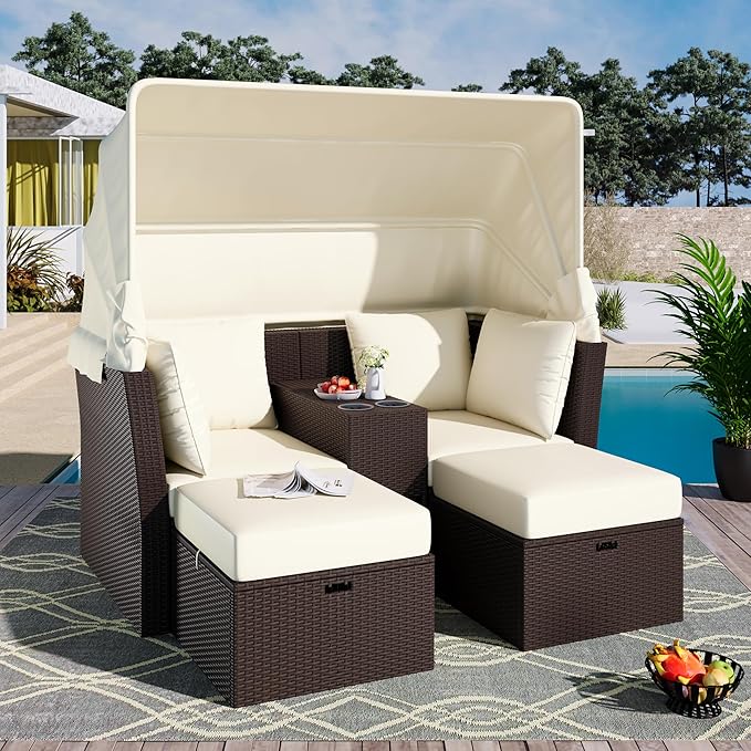 Outdoor Loveseat Chaise Lounge with Canopy, 2-Seater Patio Double Daybed