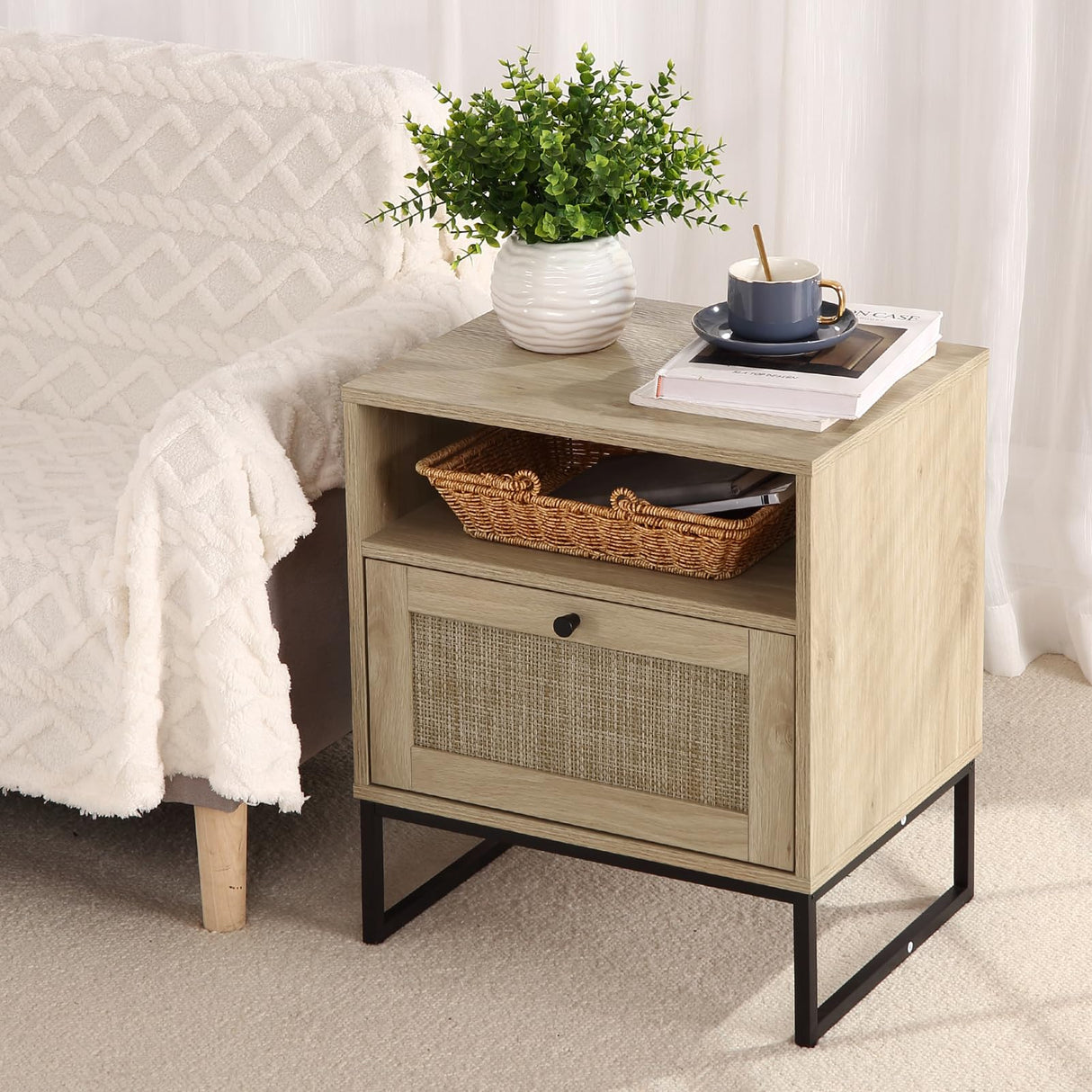 Rattan Nightstand Set of 2, Side Table with Storage, Modern Boho End Table