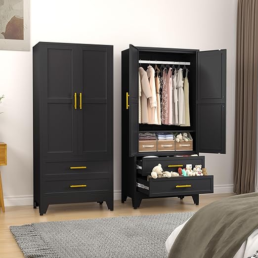 Metal Armoire Wardrobe Closet, 71 "Metal Clothing Storage Cabinet with Adjustable Shelve