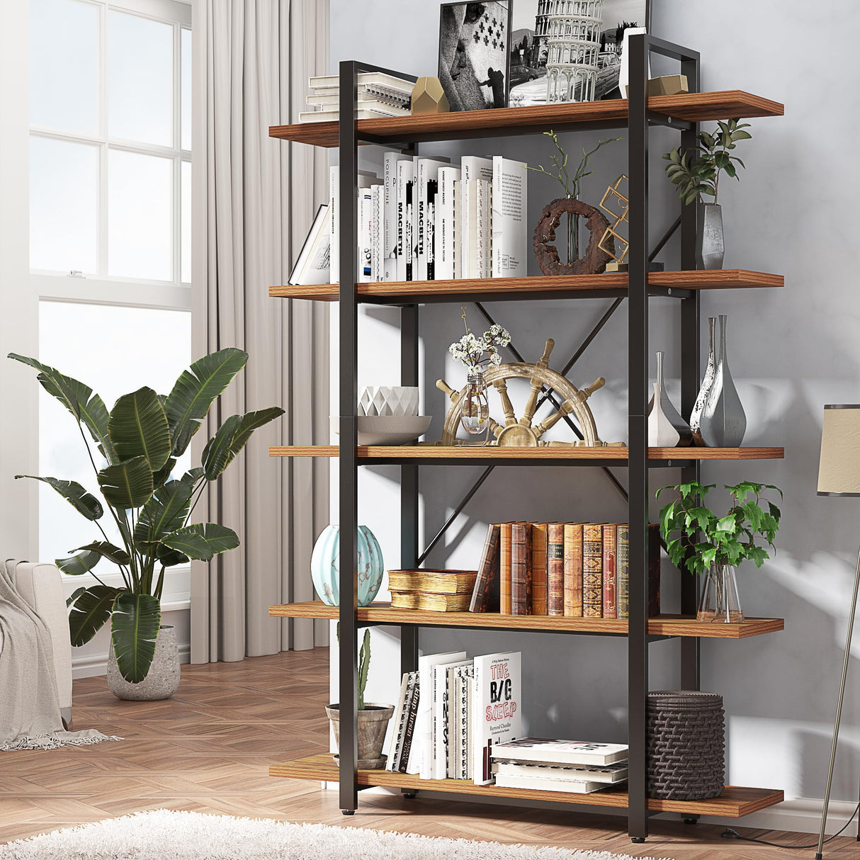 Wood and Metal Minimalist 5 Tier Bookshelf, 6 feet Tall Open Rustic Wide Bookcase