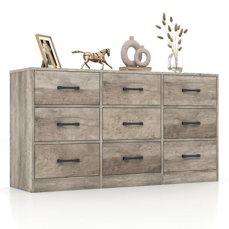 9 Drawer Dresser for Bedroom,Wood Chest of Drawers,Grey Dresser TV Stand with Steel Frame for Storage and Organization,Large Fabric Dresser for Kids Bedroom,Living Room,Nursery,Closet