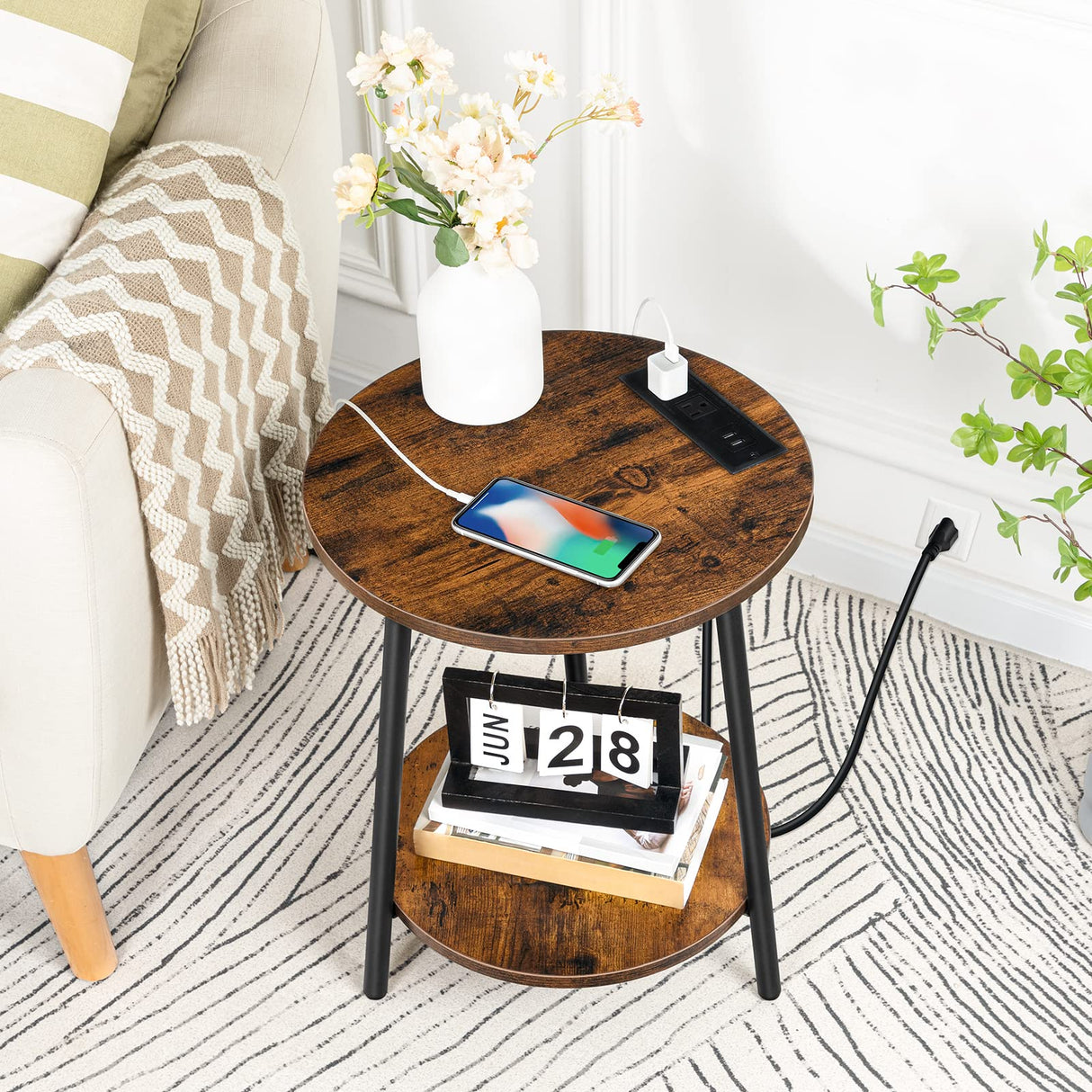 Round End Table with Charging Station, 2-Tier Small Circle Side Table