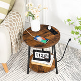 Round End Table with Charging Station, 2-Tier Small Circle Side Table