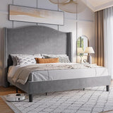 King Platform Bed Frame 53" Tall Headboard Velvet Upholstered Tufted Wingback