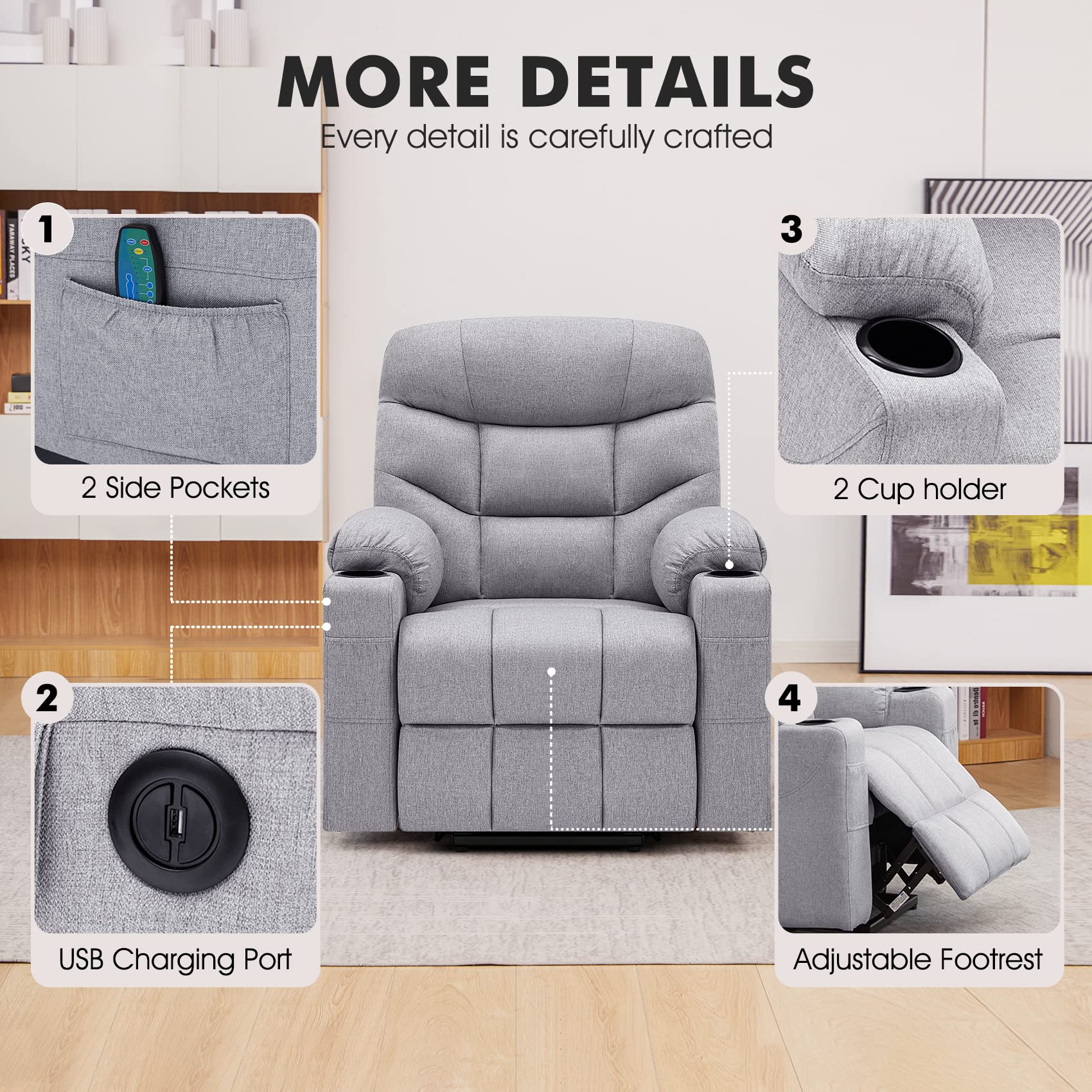 RelaxMate PowerLift Recliner Chair for Seniors – Massage + Heat, Silent Motor, Linen Fabric