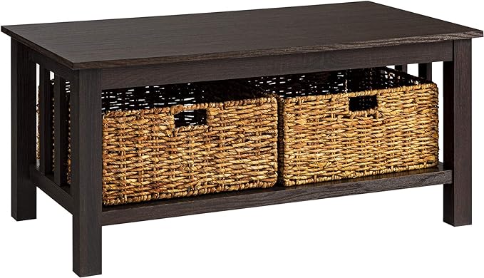 Alayna Mission Style Two Tier Coffee Table with Rattan Storage Baskets,