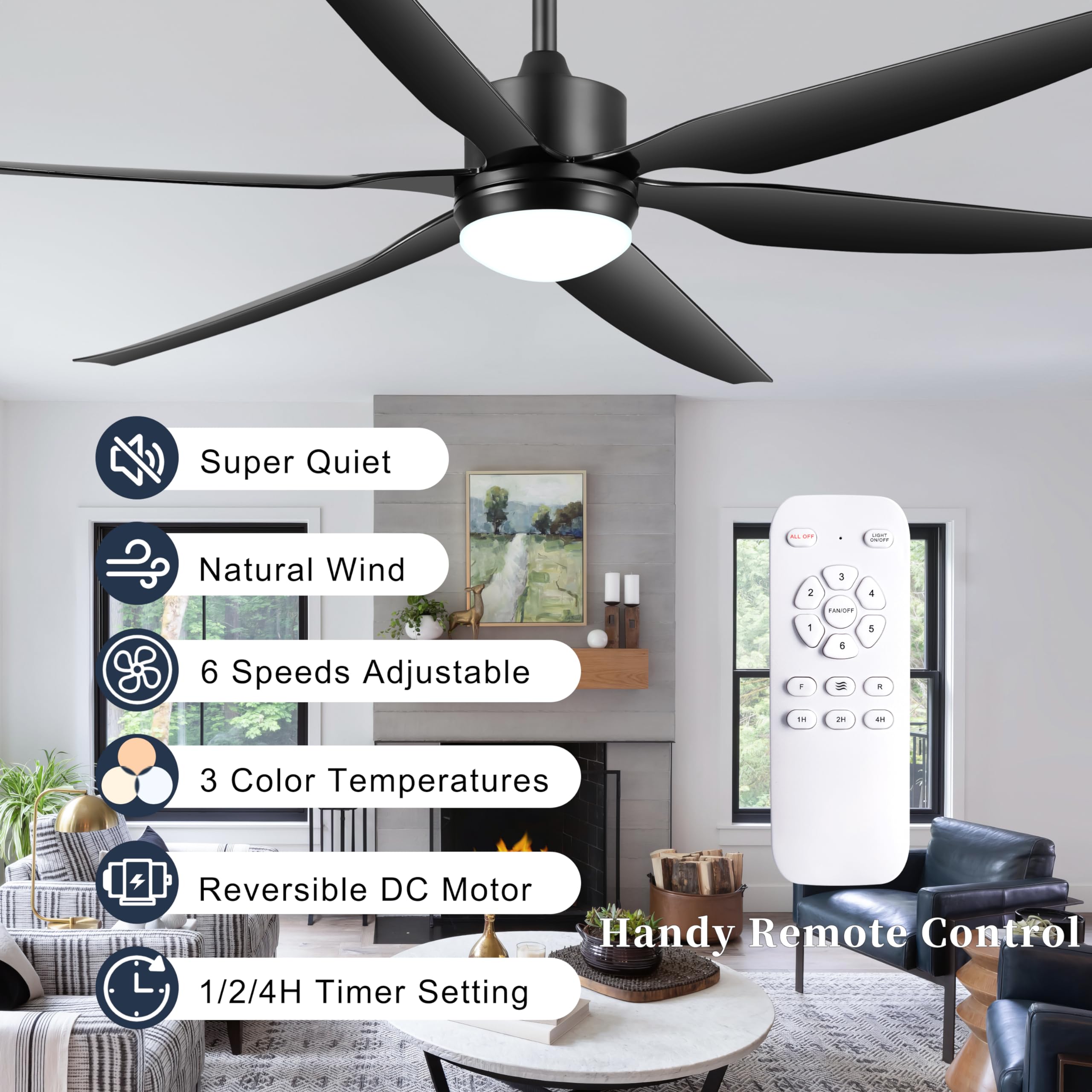 66'' Ceiling Fan with Lights Remote Control, Large Ceiling Fan Black, 6 Blades 6 Speeds