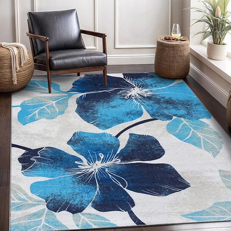 Solana Modern Floral 7'10" x 10'3" Area Rugs Non-Skid (Non-Slip) Rubber Backing Blue