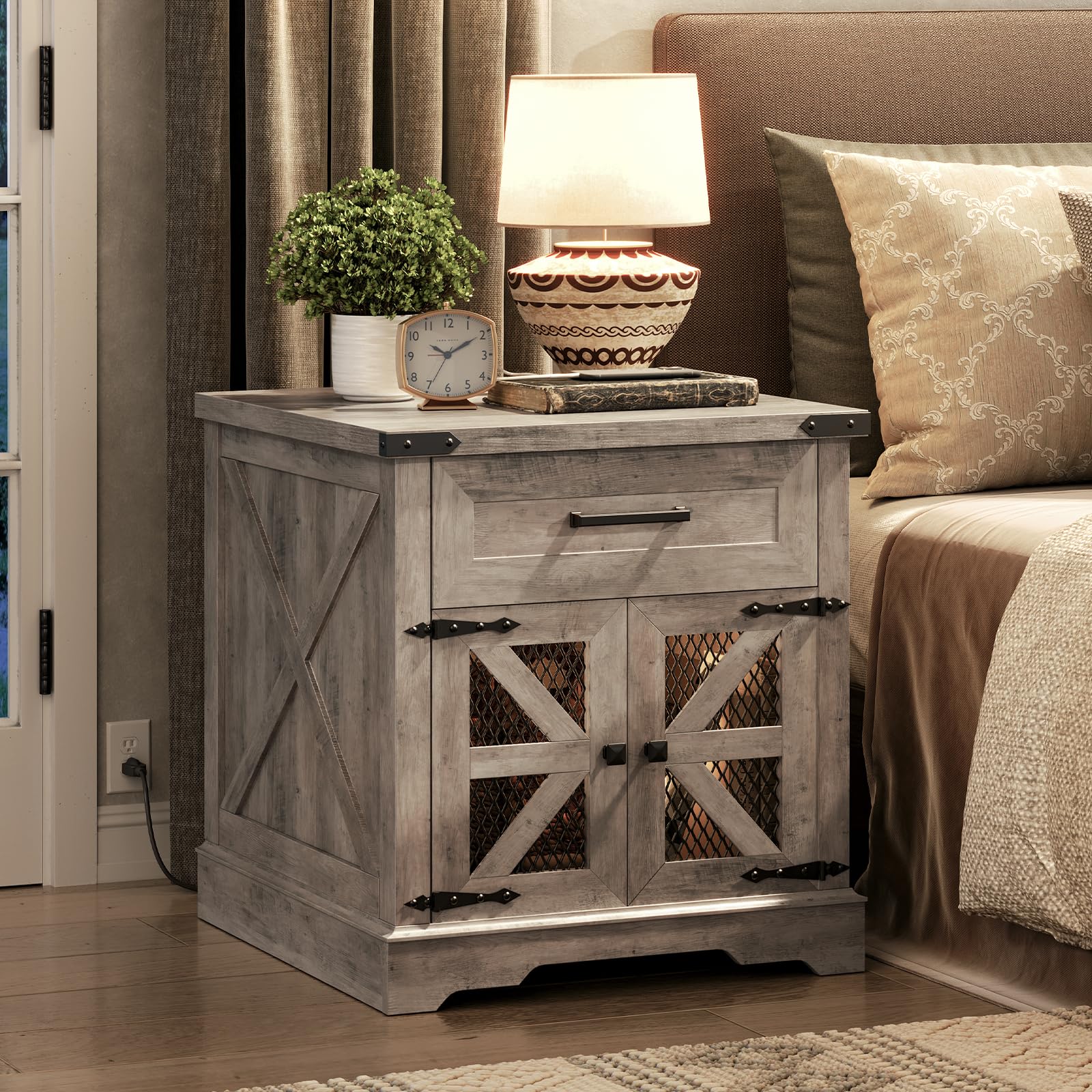 Farmhouse End Table with Charging Station, 24" Large Sofa Side Table