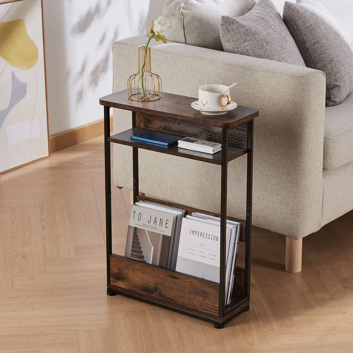 Side Table with Storage Shelf, 3 Tier Long End Table Slim Sofa Table for Narrow