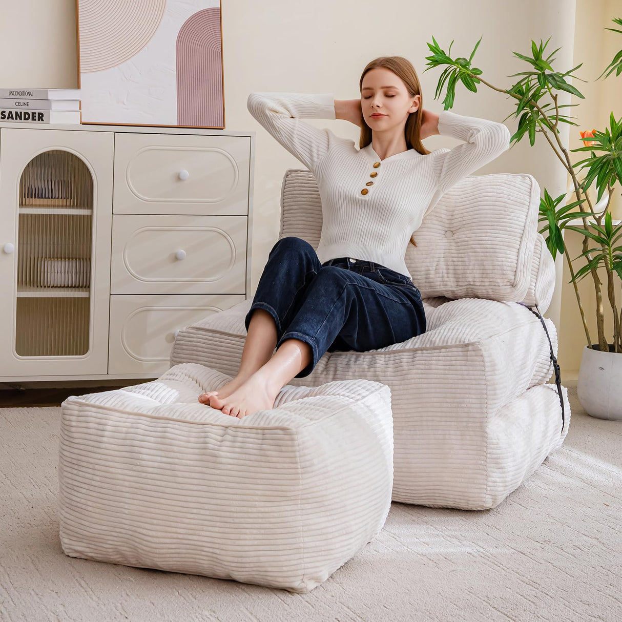 Square Stuffed Pouf Ottoman, Corduroy Poufs with Foam Chunk Filling, Furry and Fluffy