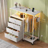 Fabric Dresser with Clothes Rack, 4 Drawers Dresser for Bedroom with Charging Station and LED Lights