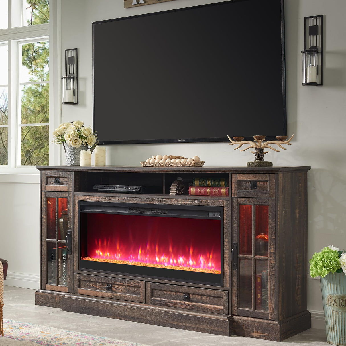 Fireplace TV Stand for 80 Inch TV, Farmhouse Entertainment Center with 42" Fireplace